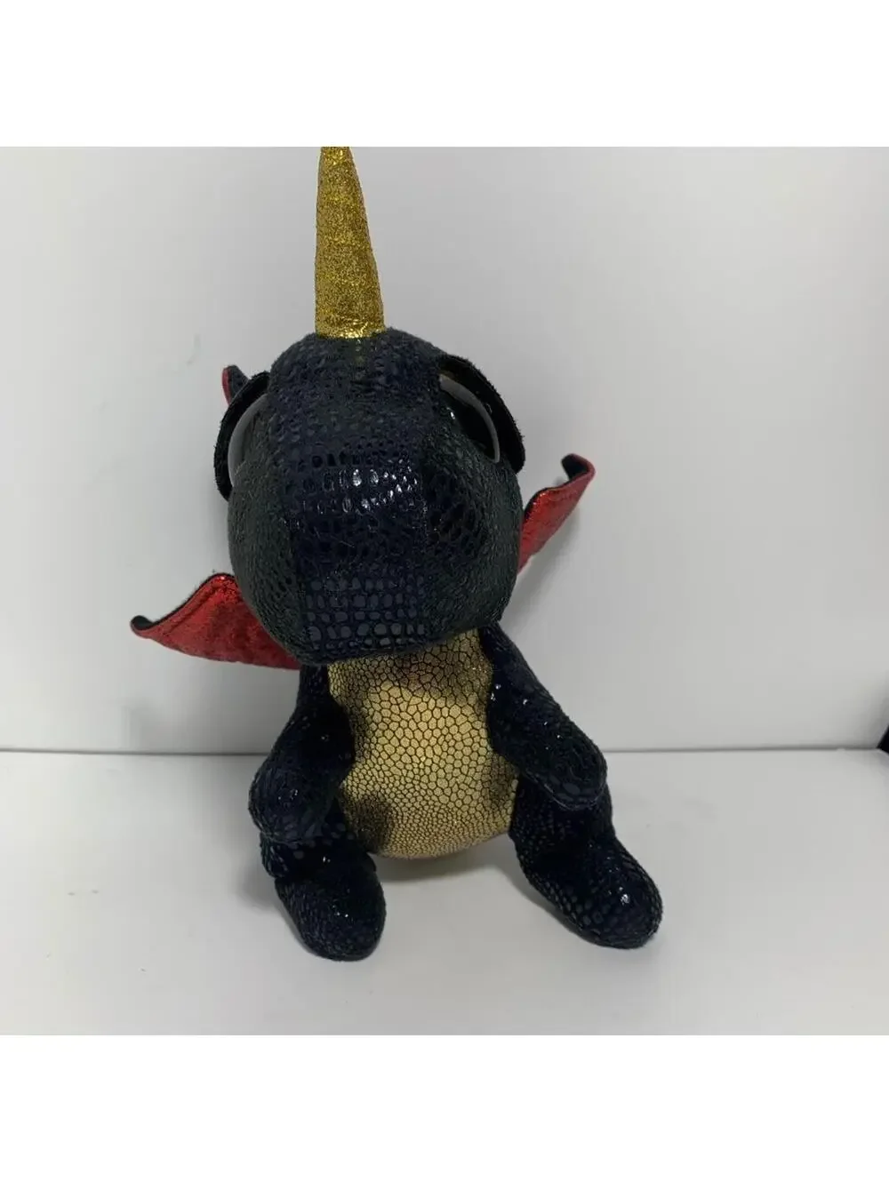 Ty Beanie Boos Grindal Dragon Plush Black Red Wings Gold Horn 12.5